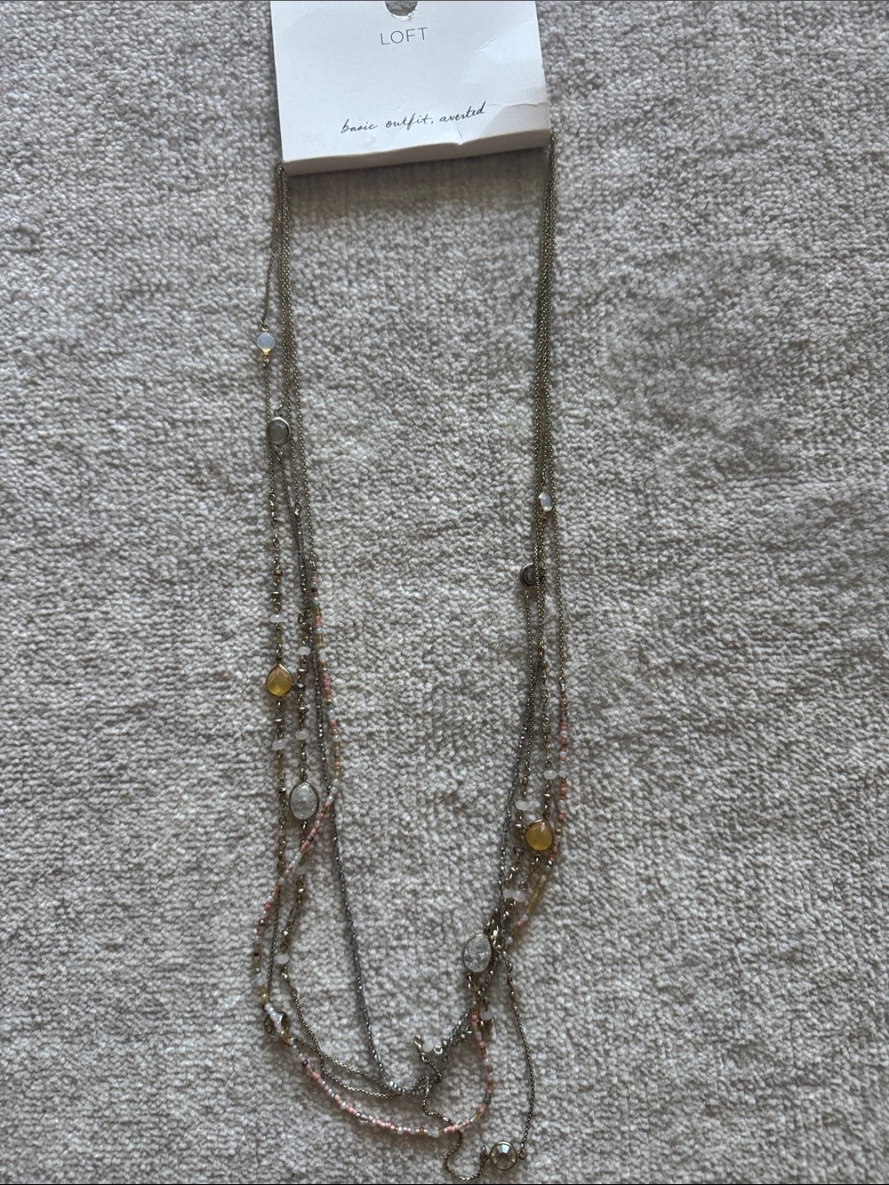 LOFT Layered Gold Chain Necklace with Pink and Clear Beads- long